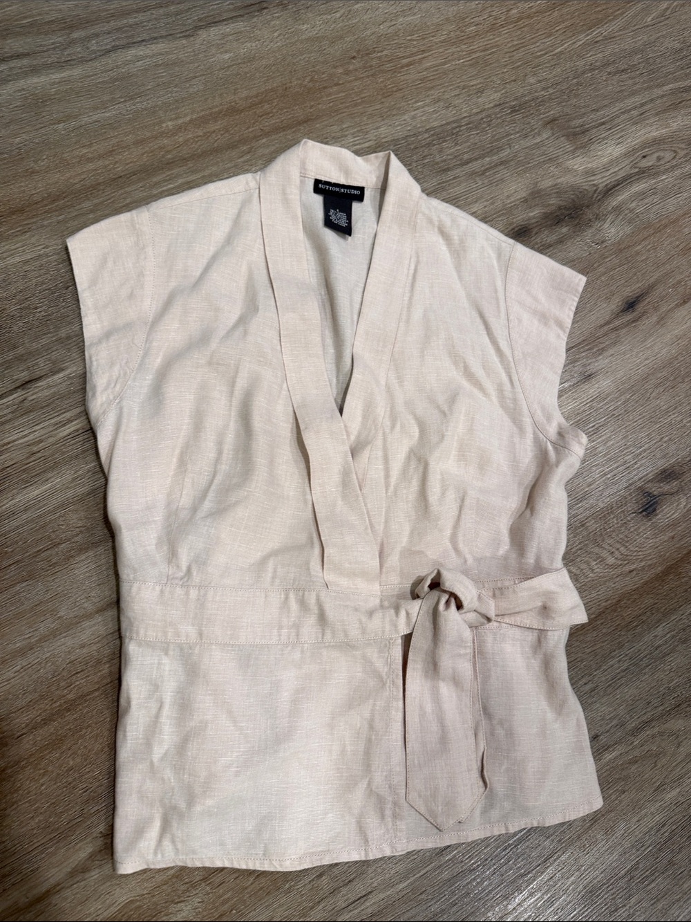 NWOT Sutton Studio Cream Tan Linen-Blend natural fiber Wrap Top
